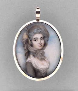 Női portré, 1785 körül (akvarell elefántcsonton, 9 ezer rózsaszín arany, haj, dombornyomott fémfólia és üveg)