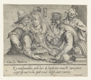 Egy idős férfi megpróbálja megvenni egy fiatal nő szerelmét Egyenlőtlen szerelem (sorozat címe) alkotó: Andries Jacobsz. Stock (possibly)