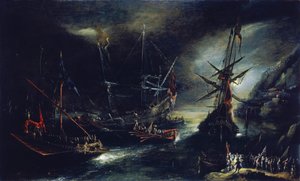 Spanyol csapatok partraszállása, egy spanyol expedíció holland értelmezése, a Földközi-tenger képzeletbeli partján ábrázolva. alkotó: Andries van Eertvelt