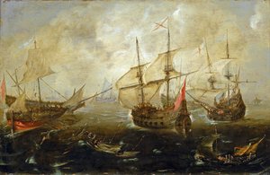 Manőver a brit (jobbra) és a spanyol hajók között, a hajók közelednek egymáshoz, úgy tűnt, erősen megrakodva, valószínűleg katonákkal.