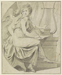 Amor egy fiatal nőt inspirál, aki egyik kezével lírát penget, a másikkal ír alkotó: Angelica Kauffmann
