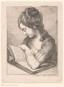 Fiatal nő egy asztalnál olvas, könyökével egy könyvön pihen alkotó: Angelica Kauffmann