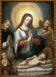 A Szent Család Keresztelő Szent Jánossal és Szent Domonkossal. Angelino Medoro (1576-1633) festménye, olaj, vászon alkotó: Angelino Medoro