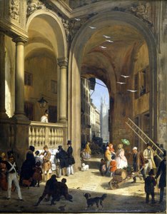 Milánó, Piazza Mercanti, Angelo Inganni festménye, 1825 körül.