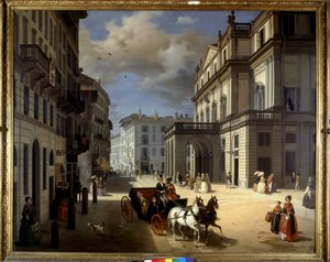 Angelo Inganni a milánói Plaza de la Scala ábrázolása. 19. század. Brera Művészeti Galéria, Milánó.