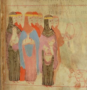 Cott Claud B IV f.76 Arany fejpántot viselő nők, az Aelfric Pentateuchból, St. Augustine