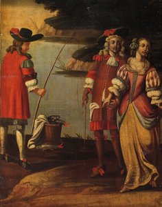 Négyszeres kétoldalas képernyő, 1700 körül (festett vászon és bőr) (3248382 részlet)