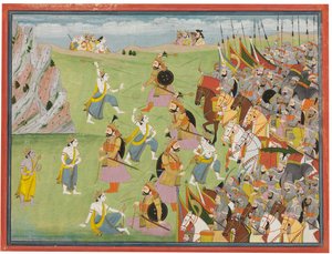 Egy festmény a Mahábháratából: Balabhadra harcol Jarasandhával, Kangrával vagy Garhwallal, 1810-20