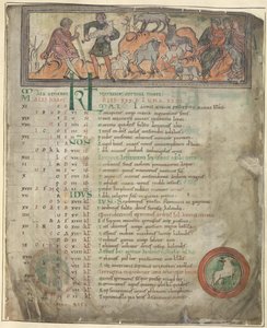 Cotton Tiberius B. V, 1. rész, f.5 Május naptári oldal. Birkák gondozása. Két pásztor a nyájával, az egyik kezében egy szélhámos, és három ülő alak. Gyalog, Kos körben alkotó: Anglo Saxon