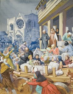 Suger apát (1081-1151 körül) és a Szent Denis apátság épülete (gouache, papír) alkotó: Angus McBride