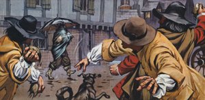 Dühös kocsisok földdel dobálták meg az esernyős embereket (színes litográfia) alkotó: Angus McBride