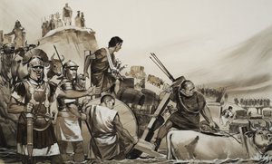 Julius Caesar (i.e. 100-44) átvezette katonáit a Rubicon folyón, és Róma ellen vonult (gouache, papír) alkotó: Angus McBride