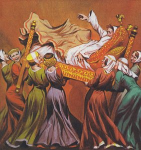 I. Edward királyt az udvarhölgyek emelgetik ágyában (színes litográfia)