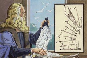 Leonardo Da Vinci madarakat tanulmányoz, hogy felfedezze, hogyan tud repülni az ember (gouache, papír) alkotó: Angus McBride