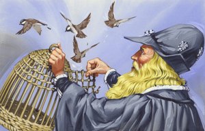 Leonardo Da Vinci, aki ketrecbe zárt madarakat vásárolt, hogy szabadon engedje őket (gouache, papír). alkotó: Angus McBride