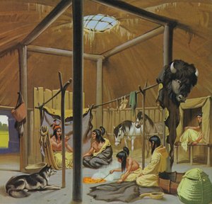 Mandan earth lodge (színes litográfia) alkotó: Angus McBride