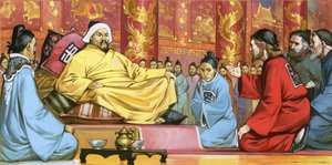 Marco Polo Kublai kán udvarában, 20. század (gouache, papír) alkotó: Angus McBride