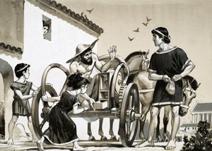 Kereskedő, aki a római korban egy szekér hátuljáról árult árucikkeket. alkotó: Angus McBride