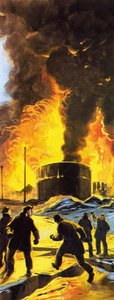 Olajtartályok égnek Sewardban az 1964-es anchorage-i földrengés után alkotó: Angus McBride