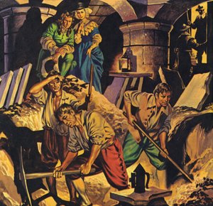 Samuel Pepys egy állítólag a londoni Towerben elrejtett pénzhalom után kutat (színes lithó) alkotó: Angus McBride