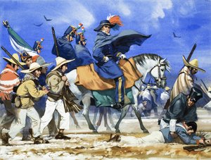Santa Anna gyengén felszerelt, rosszul öltözött seregét gyilkos menetelésre vezette Coahuila fagyos síkságain keresztül. alkotó: Angus McBride