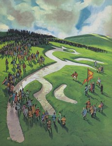 Uffington White Horse, amelyet Nagy Alfréd építtetett a dánok elleni ashdowni csata után (színes litográfia) alkotó: Angus McBride