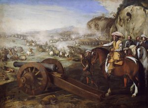 Lovas kapitány ágyúlövést parancsoló csata közben, Aniello Falcone (1607-1656) festménye, olaj, vászon, 94x131 cm
