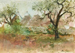 Trulli és olajfa (akvarell és gouache)