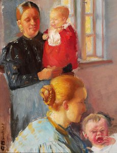 Két fiatal anya kisgyermekeikkel. Tanulmány a "Védőoltás" számára. alkotó: Anna Ancher