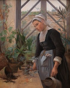 Breton lány növényeket gondoz a melegházban, 1884