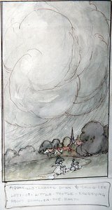 "Aquarillo lenézett, és sok kis embert látott a földön száguldozni" (toll és tinta akvarellel a papíron) alkotó: Anne Anderson