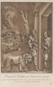 Egy pásztor oroszlánt tart pórázon az előtérben, középen a sh..., kb. 1729-64 alkotó: Anne Claude Philippe de