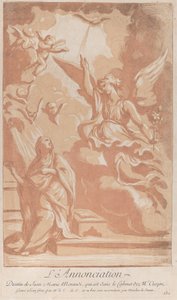 Az Angyali Üdvözlet bal oldalon térdelt Szűzzel és jobbra Gábriellel, kb. ..., kb. 1729. alkotó: Anne Claude Philippe de Caylus