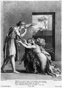 Andromache a Pyrrhus lábánál, illusztráció Jean Racine (1639–1699) „Andromaque” 7. jelenetéből, Henri Marais (szül. 1768 körül) metszetéből alkotó: Anne-Louis Girodet de Roucy-Trioson