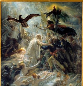 A Liberte-háborúban a hazáért elhunyt francia hősök apoteózisa, Bonaparte Allegorie Napóleonnak, a bárd Ossiannak, a III. századi skót költőnek, aki Louis Charles Antoine Desaix de Ve-t üdvözölte, Napóleon olvasta. alkotó: Anne-Louis Girodet de Roucy-Trioson