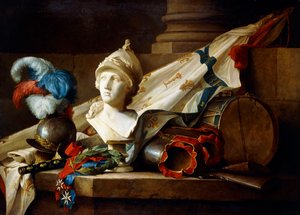Minerva mellszobra páncélokkal és fegyverekkel egy kőpárkányon, 1777