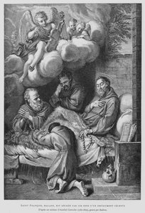 A betegségben szenvedő Assisi Szent Ferencet egy mennyei hangszer (litho) hangja gyógyítja meg alkotó: Annibale (after) Carracci