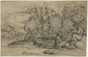 Táj egy fuvolán játszó szatírral, nővel és puttóval alkotó: Annibale Carracci (attributed to)