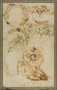 Részeg Silenus és dekoratív vázlatok: Tanulmányok a Tazza Farnese számára (recto); Two Putti Fighting: Tanulmány a Galleria Farnese számára (hátoldal). alkotó: Annibale Carracci