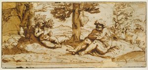 Flötenspielender Amor und Silenus in einer arkadischen Landschaft