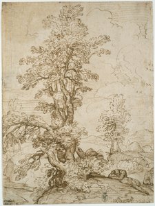 Tájkép fa alatt alvó férfival (recto); Tájkép lovassal (verso) alkotó: Annibale Carracci