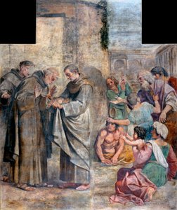 A rózsák csodája – étellopással vádolt Alcalai Saint Diego (1400-1463) spanyol ferences szerzetes rájön, hogy a szokásában elrejtett élelmiszerek rózsákká változtak – Annibale Carracci festménye (An alkotó: Annibale Carracci