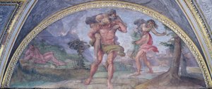 Lunette az égő Trója elől menekülő Aeneast ábrázolja, aki apját Anchisest cipeli, majd Ascaniust az anyját cipelő, a Camerinoból, 1596 alkotó: Annibale Carracci