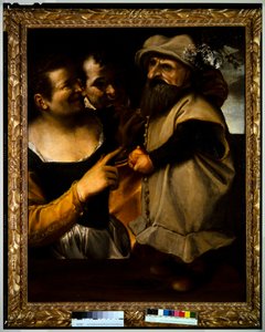 Férfi és nő csodál egy gyermeket álarcosbálban, 1582-85 körül (olaj, vászon) alkotó: Annibale Carracci