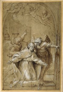 Szent Gergely angyalok részvételével a lelkekért imádkoznak a Purgatóriumban (toll és barna tinta barna mosással és kiemeléssel) alkotó: Annibale Carracci