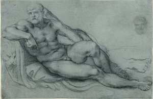 Pihenő Herkules tanulmánya, fejének és lábának különálló tanulmányaival (recto); téglalap alakú rácsmintázat (verso). alkotó: Annibale Carracci