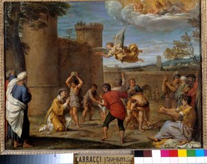 Szent István megkövezése: Szent István (Stephane), az első keresztény vértanú, aki megkövezéssel halt meg i.sz. 36-ban. JC. Annibale Carracci vagy Annibal Carrache (1560-1609) festménye. 16. század. Méret: 0,42 x 0,54 m Párizs,