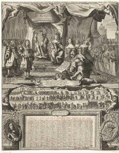 Az 1674-es Angliával való béke allegóriája és az 1675-ös év almanachja Vereenichde Nederlantsche danckbaerheyt, aen Carolus II. Coninck van Hisp. stb., hogy békét kössenek Carolus II. Coninck van Great Britannien, ende de reparation alkotó: Anonymous