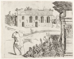 Építészeti capriccio spoliával, férfi torzóval és kilátással Diocletianus fürdőjére alkotó: Anonymous