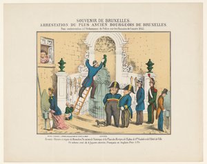 Manneken Pis letartóztatása, 1845 Szuvenír Brüsszelből. Brüsszel legidősebb polgárának letartóztatása. Az 1845-ös Pissoir-ról szóló rendőrségi rendelet megsértéséért (cím a tárgyon) alkotó: Anonymous